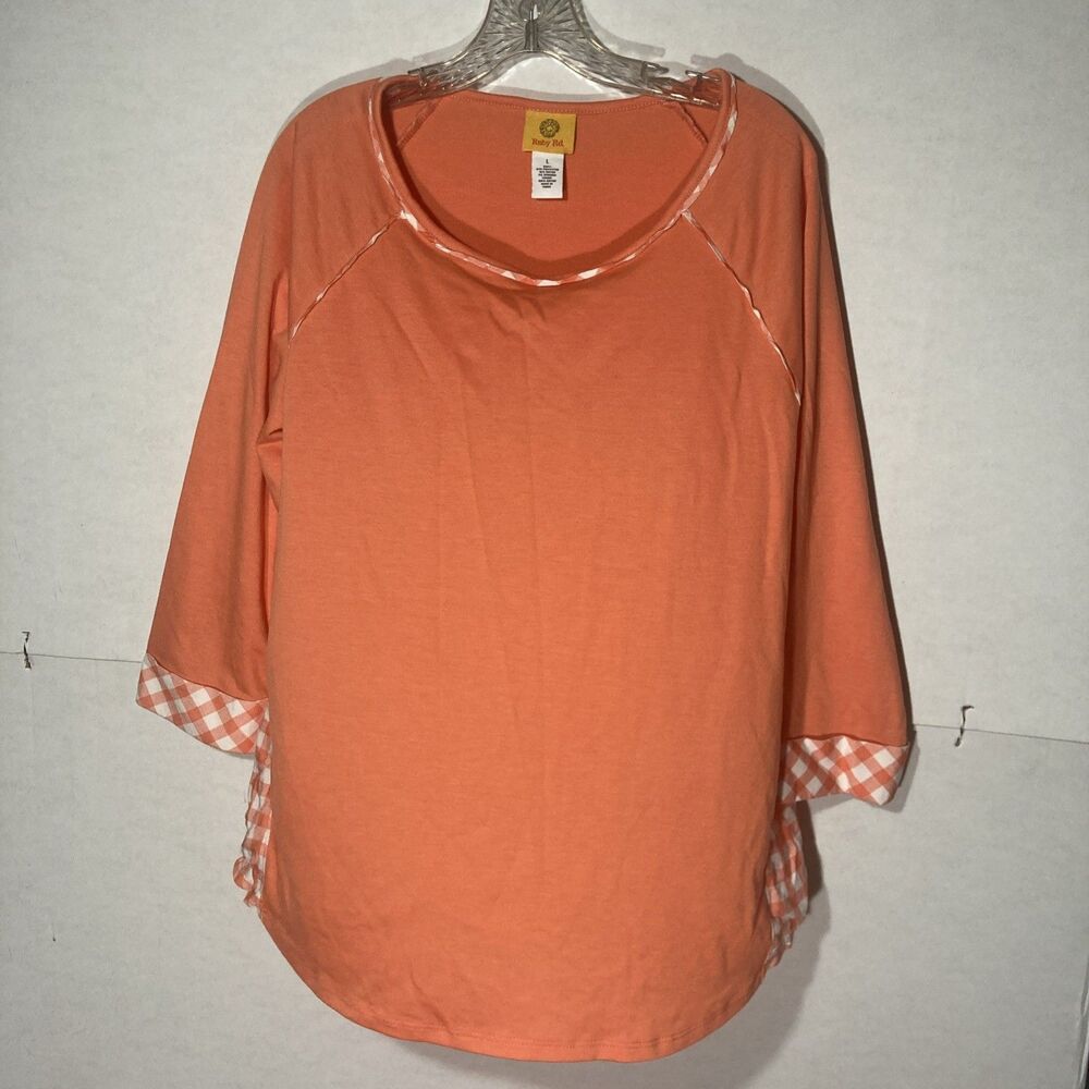 RUBY RD. orange white checkered scoop neck 3/4 Raglan sleeve jersey knit top L